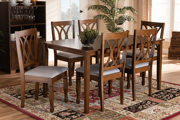 Baxton Studio Augustine Modern And Contemporary Grey Fabric Upholstered And Walnut Brown Finished Wood 7-Piece Dining Set RH316C-Grey/Walnut-7PC Dining Set
