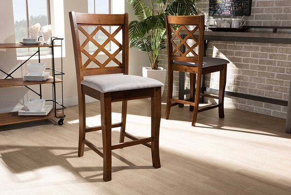 Baxton Studio Aria Modern And Contemporary Grey Fabric Upholstered And Walnut Brown Finished Wood 2-Piece Counter Height Pub Chair Set RH320P-Grey/Walnut-PC