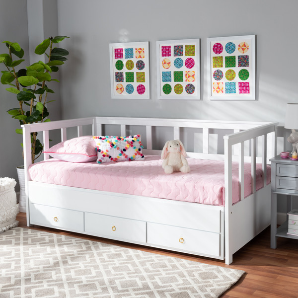 Baxton Studio Kendra Modern And Contemporary White Finished Expandable Twin Size To King Size Daybed With Storage Drawers MG0035-White-3DW-Daybed