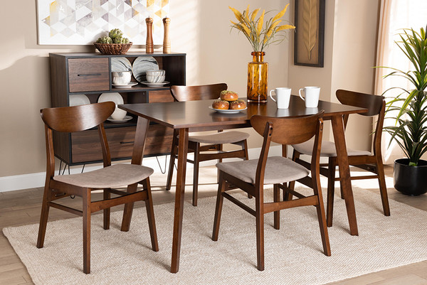 Baxton Studio Orion Mid-Century Modern Transitional Light Beige Fabric Upholstered And Walnut Brown Finished Wood 5-Piece Dining Set Parlin/Fiesta-Latte/Walnut-5PC Dining Set