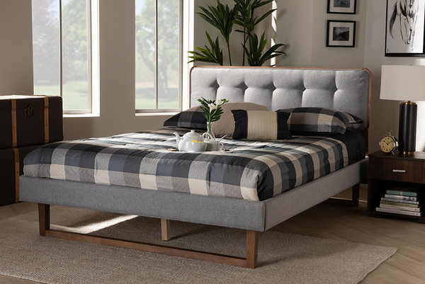 Baxton Studio Sofia Mid-Century Modern Light Grey Fabric Upholstered And Ash Walnut Finished Wood Queen Size Platform Bed Sofia-Light Grey/Ash Walnut-Queen