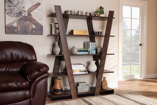 Baxton Studio Michio Modern And Contemporary Walnut Brown Finished 5-Tier Wood Geometric Living Room Display Shelf SEDV50140-Columbia-Shelf