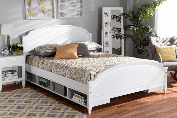 Baxton Studio Elise Classic And Traditional Transitional White Finished Wood Queen Size Storage Platform Bed MG0038-White-Queen