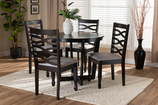 Baxton Studio Leda Modern And Contemporary Grey Fabric Upholstered And Dark Brown Finished Wood 5-Piece Dining Set Leda-Grey/Dark Brown-5PC Dining Set