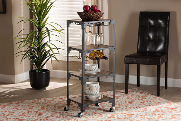 Baxton Studio Victor Industrial Rustic Walnut Finished Wood And Black Metal 4-Tier Mobile Wine Cart LY-N0860-Cart