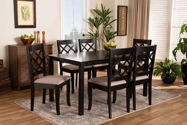 Baxton Studio Verner Modern And Contemporary Sand Fabric Upholstered Dark Brown Finished 7-Piece Wood Dining Set RH330C-Sand/Dark Brown-7PC Dining Set