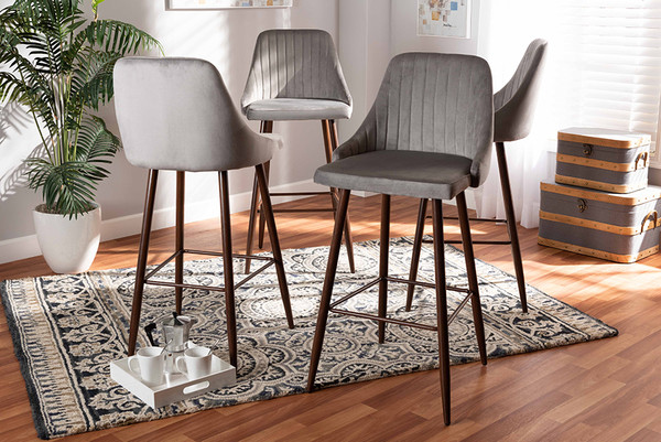 Baxton Studio Walter Mid-Century Contemporary Grey Velvet Fabric Upholstered And Walnut Finished 4-Piece Bar Stool Set BA-5-Grey/Walnut-BS