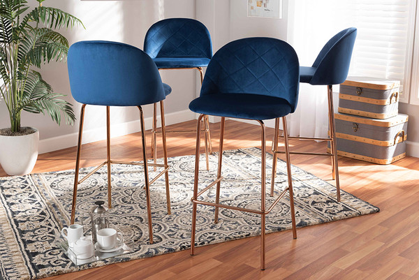 Baxton Studio Addie Luxe And Glam Navy Blue Velvet Fabric Upholstered And Rose Gold Finished 4-Piece Bar Stool Set BA-6-Navy Blue/Rose Gold-BS-4PC Set