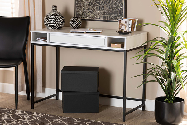 Baxton Studio Cargan Modern And Contemporary White Finished Wood And Black Metal 1-Drawer Desk ST8002-White/Black-Desk