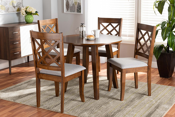 Baxton Studio Adara Modern And Contemporary Grey Fabric Upholstered And Walnut Brown Finished Wood 5-Piece Dining Set Adara-Grey/Walnut-5PC Dining Set