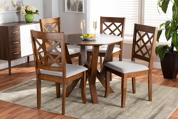 Baxton Studio Zoe Modern And Contemporary Grey Fabric Upholstered And Walnut Brown Finished Wood 5-Piece Dining Set Zoe-Grey/Walnut-5PC Dining Set