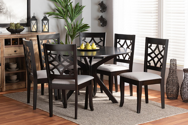 Baxton Studio Elena Modern And Contemporary Grey Fabric Upholstered And Dark Brown Finished Wood 7-Piece Dining Set Elena-Grey/Dark Brown-7PC Dining Set