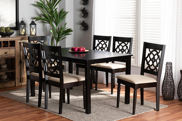 Baxton Studio Renaud Modern And Contemporary Sand Fabric Upholstered And Dark Brown Finished Wood 7-Piece Dining Set RH332C-Sand/Dark Brown-7PC Dining Set