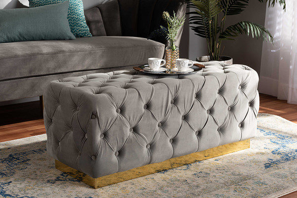 Baxton Studio Corrine Glam And Luxe Grey Velvet Fabric Upholstered And Gold Pu Leather Ottoman WS-4228-Grey Velvet/Gold-Otto