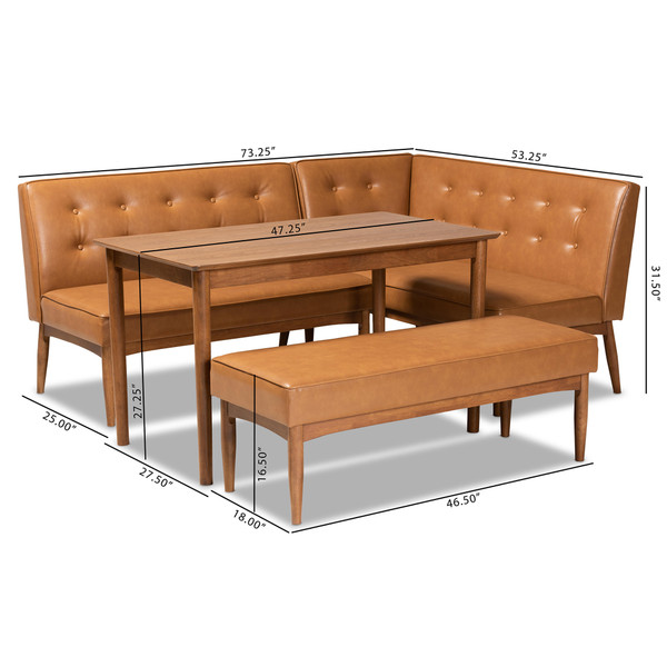 Baxton Studio Arvid Mid-Century Modern Tan Faux Leather Upholstered And Walnut Brown Finished Wood 4-Piece Dining Nook Set BBT8051-Tan/Walnut-4PC Dining Nook Set