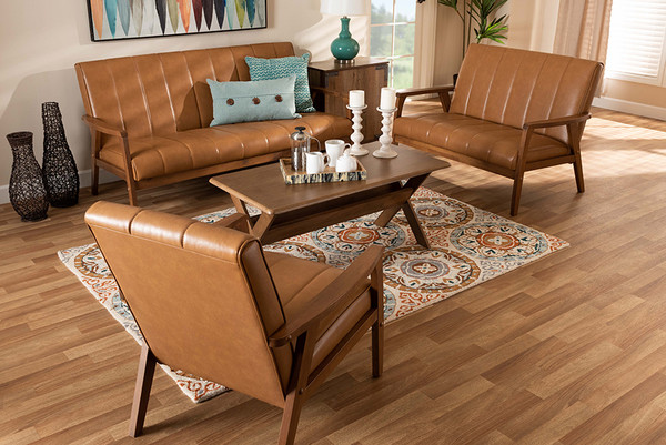 Baxton Studio Nikko Mid-Century Modern Tan Faux Leather Upholstered And Walnut Brown Finished Wood 3-Piece Living Room Set BBT8011A2-Tan 3PC Set