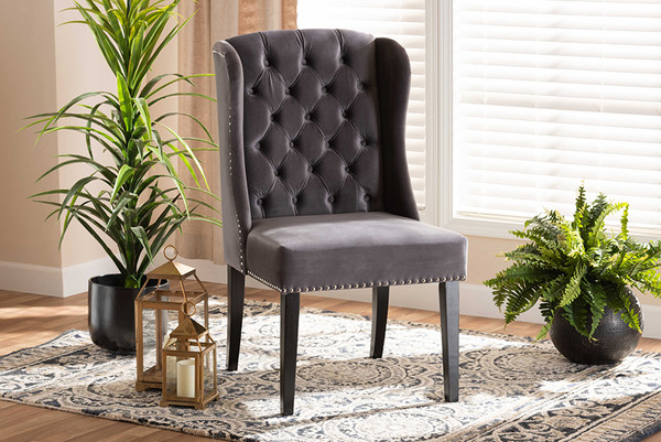 Baxton Studio Lamont Modern Contemporary Transitional Grey Velvet Fabric Upholstered And Dark Brown Finished Wood Wingback Dining Chair WS-W158-Grey Velvet/Espresso-DC