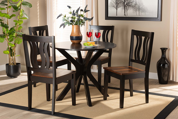 Baxton Studio Mare Modern And Contemporary Transitional Two-Tone Dark Brown And Walnut Brown Finished Wood 5-Piece Dining Set Mare-Dark Brown/Walnut-5PC Dining Set