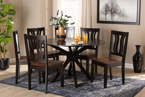 Baxton Studio Mare Modern And Contemporary Transitional Two-Tone Dark Brown And Walnut Brown Finished Wood 7-Piece Dining Set Mare-Dark Brown/Walnut-7PC Dining Set