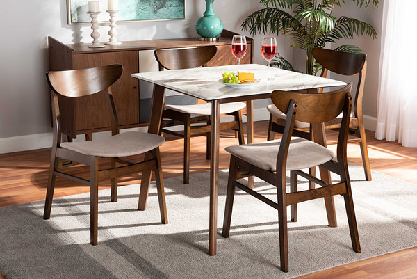 Baxton Studio Paras Mid-Century Modern Transitional Light Beige Fabric Upholstered And Walnut Brown Finished Wood 5-Piece Dining Set With Faux Marble Dining Table Paras-Latte/Walnut-5PC Dining Set