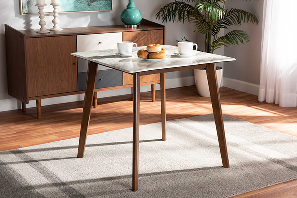 Baxton Studio Kaylee Mid-Century Modern Transitional Walnut Brown Finished Wood Dining Table With Faux Marble Tabletop Kaylee-Marble/Walnut-DT