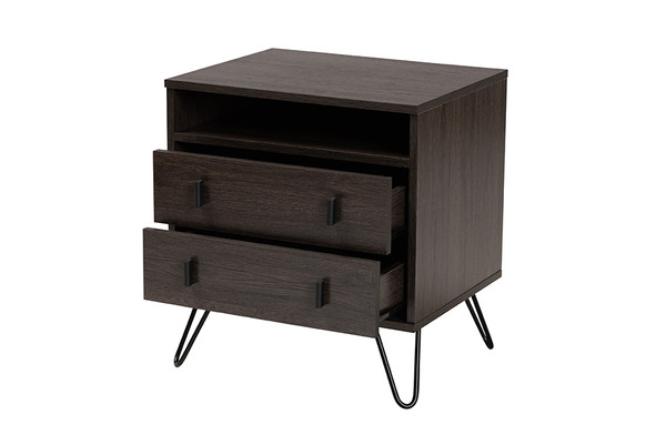 Glover Modern And Contemporary Dark Brown Finished Wood And Black Metal 2-Drawer Nightstand By Baxton Studio NS8016-Dark Brown-NS