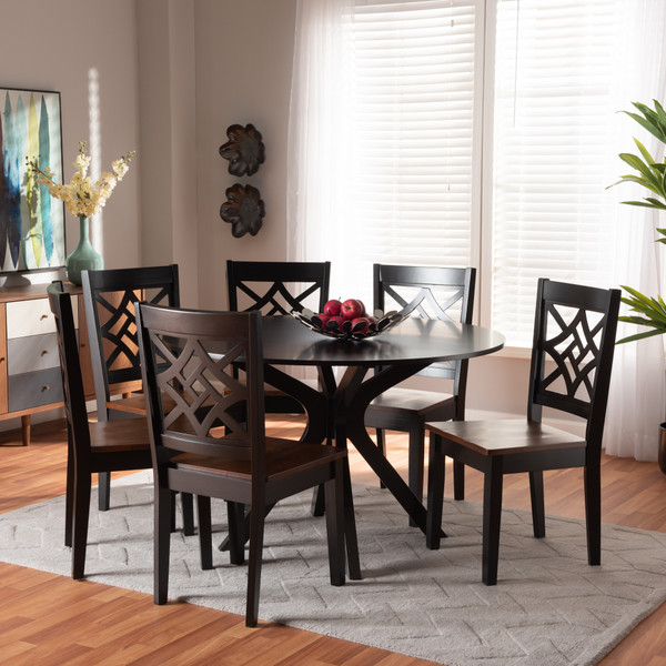 Miela Modern And Contemporary Two-Tone Dark Brown And Walnut Brown Finished Wood 7-Piece Dining Set By Baxton Studio Miela-Dark Brown/Walnut-7PC Dining Set