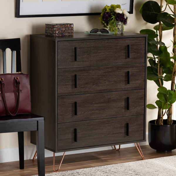 Baldor Modern And Contemporary Dark Brown Finished Wood And Rose Gold Finished Metal 4-Drawer Bedroom Chest By Baxton Studio CH8005-Dark Brown-4DW Chest