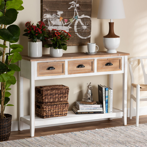 Benedict Traditional Farmhouse And Rustic Two-Tone White And Oak Brown Finished Wood 3-Drawer Console Table By Baxton Studio JY19Y1066-White/Oak-Console