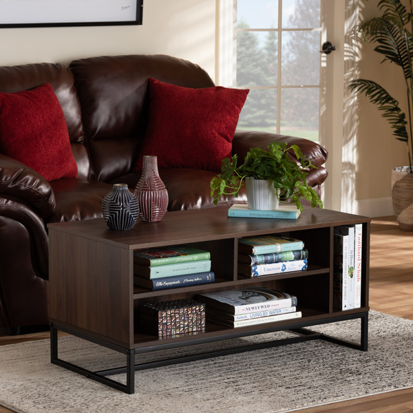 Flannery Modern And Contemporary Walnut Brown Finished Wood And Black Finished Metal Coffee Table By Baxton Studio CT8006-Walnut-CT