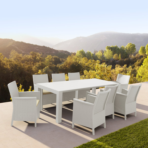 Compamia California Extendable Dining Set 9 Piece White With Sunbrella Natural Cushion ISP8066S-WH