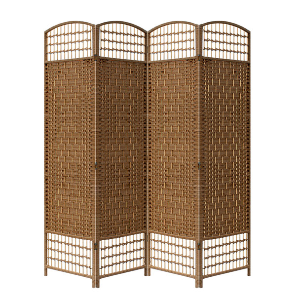 Ore International FW0676RD Brown Paper Straw Weave 4 Panel Screen On 2" Legs, Handcrafter