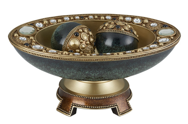 Ore International K-4297B 8.25"H Sedona Marbelized Green Gold Footed Décor Bowl W/ Spheres