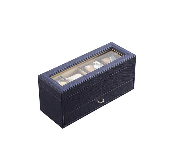 Ore International YMW-1711 4.5" In Blue Leather Beige Lining Tempered Glass Jewelry/Watch W/ A Drawer Display Case