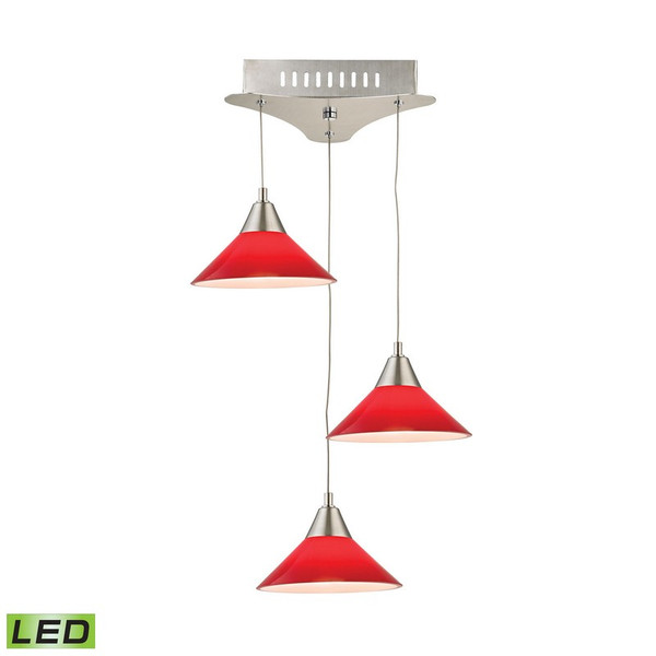 Cono 3 Light Led Pendant In Satin Nickel With Red Glass LCA103-11-16M