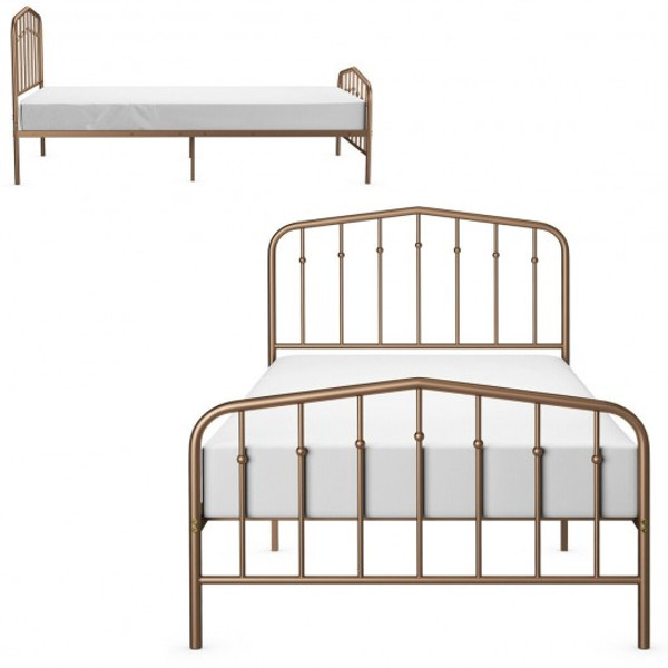 HW66167CF Twin Size Metal Bed Frame With Headboard And Footboard-Brown