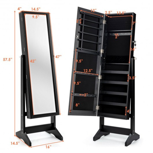 HW65948BK Jewelry Cabinet Stand Mirror Armoire With Large Storage Box-Black