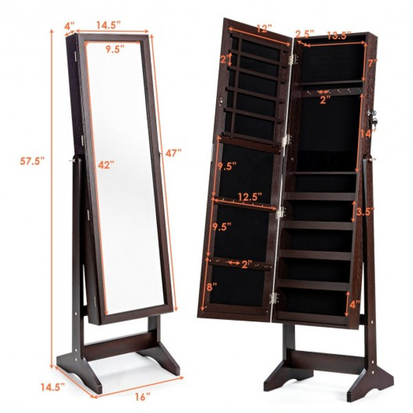HW65948CF Jewelry Cabinet Stand Mirror Armoire With Large Storage Box-Brown