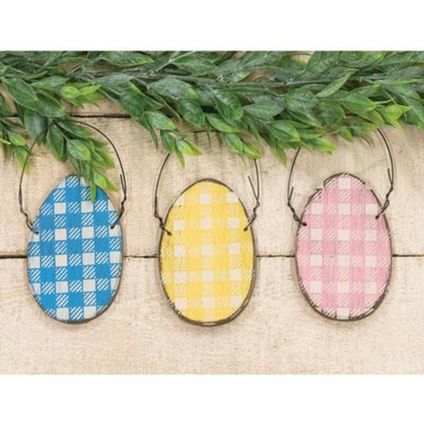 Buffalo Check Distressed Wooden Egg Ornament 3 Asstd. (Pack Of 3) G12807 By CWI Gifts