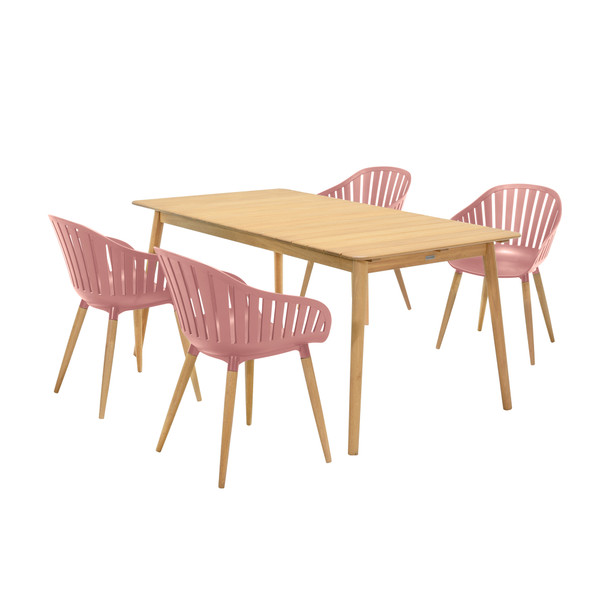 Armen Nassau 5 Piece Outdoor Dining Set In Natural Wood Finish Table And Pink Peony Arm Chairs SETODNAPEONY