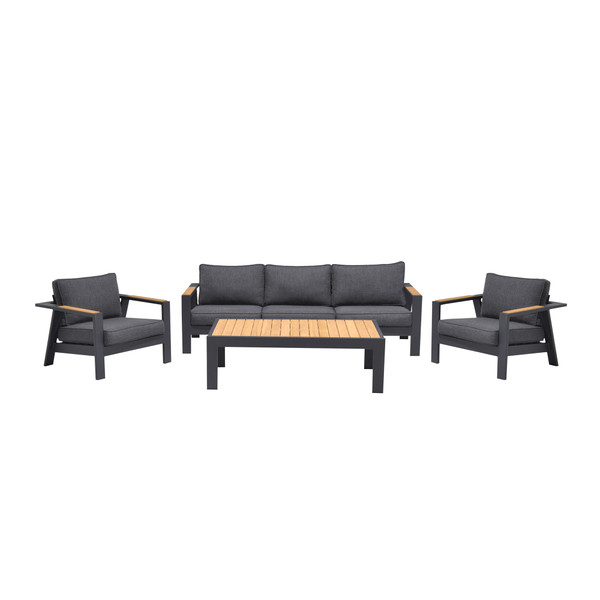Armen Palau 4 Piece Outdoor Sofa Set In Dark Grey With Natural Teak Wood Accent Top SETODPA4GR