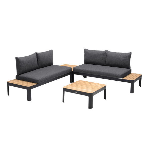 Armen Portals Outdoor 4 Piece Sofa Set In Black Finish With Natural Teak Wood Top Accent SETODPDK4AABB