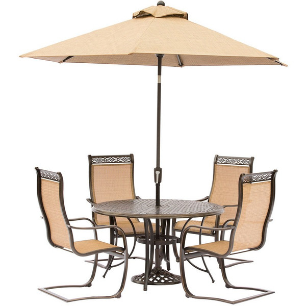 Manor 5 Piece (4 Sling Spring Chairs, 60" Round Cast Table, Umbrella, Base)
