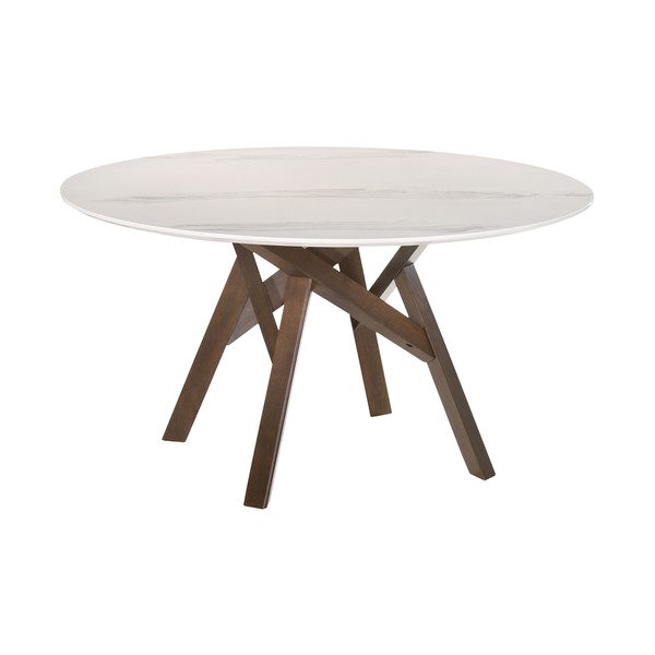 Armen Venus 54" Round Mid-Century Modern White Marble Dining Table With Walnut Wood Legs LCVEDIWA