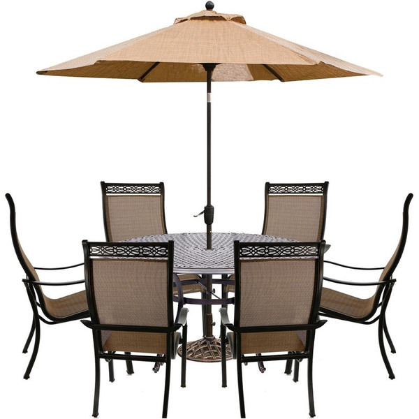 Manor 7 Piece (6 Sling Dining Chairs, 60" Round Cast Table, Umbrella, Base)