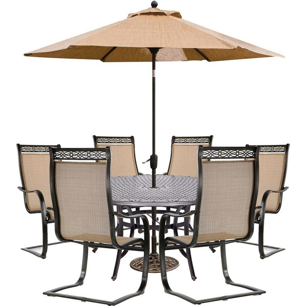 Manor 7 Piece (6 Sling Spring Dining Chairs, 60" Round Cast Table, Umb, Base)