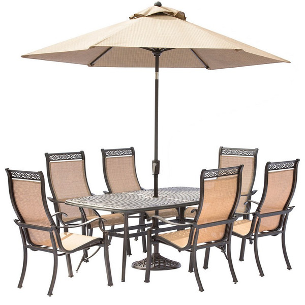Manor 7 Piece ( 6 Sling Dining Chairs, 38X72" Cast Table, Umbrella, Base)