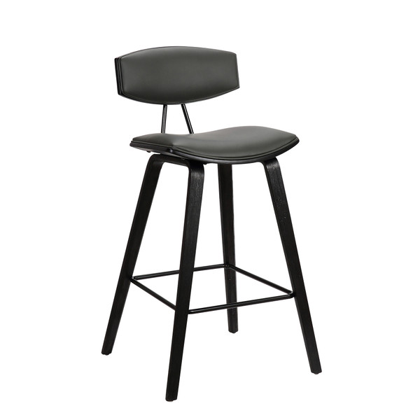 Armen Fox 26" Mid-Century Counter Height Barstool In Grey Faux Leather With Black Brushed Wood LCFOBABLGR26