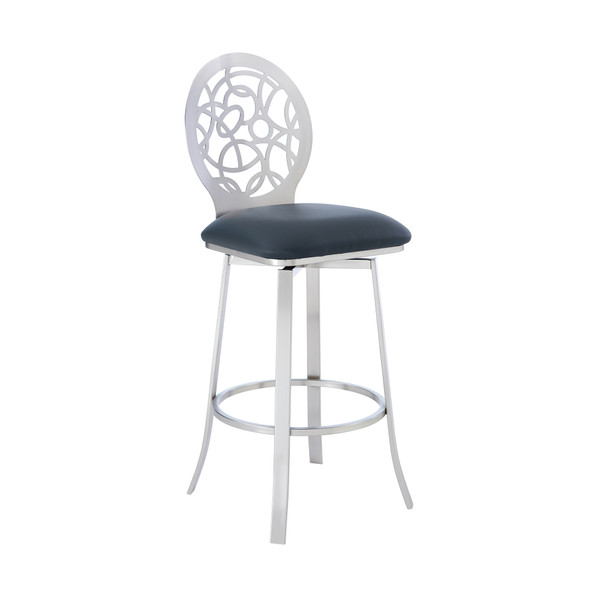 Armen Lotus Contemporary 26" Counter Height Barstool In Brushed Stainless Steel Finish And Grey Faux Leather LCLTBABSGR26