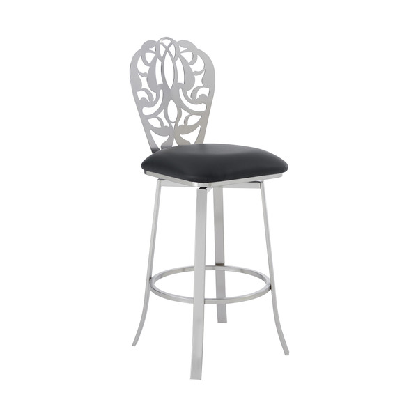 Armen Cherie Contemporary 26" Counter Height Barstool In Brushed Stainless Steel Finish And Black Faux Leather LCCHBABSBL26